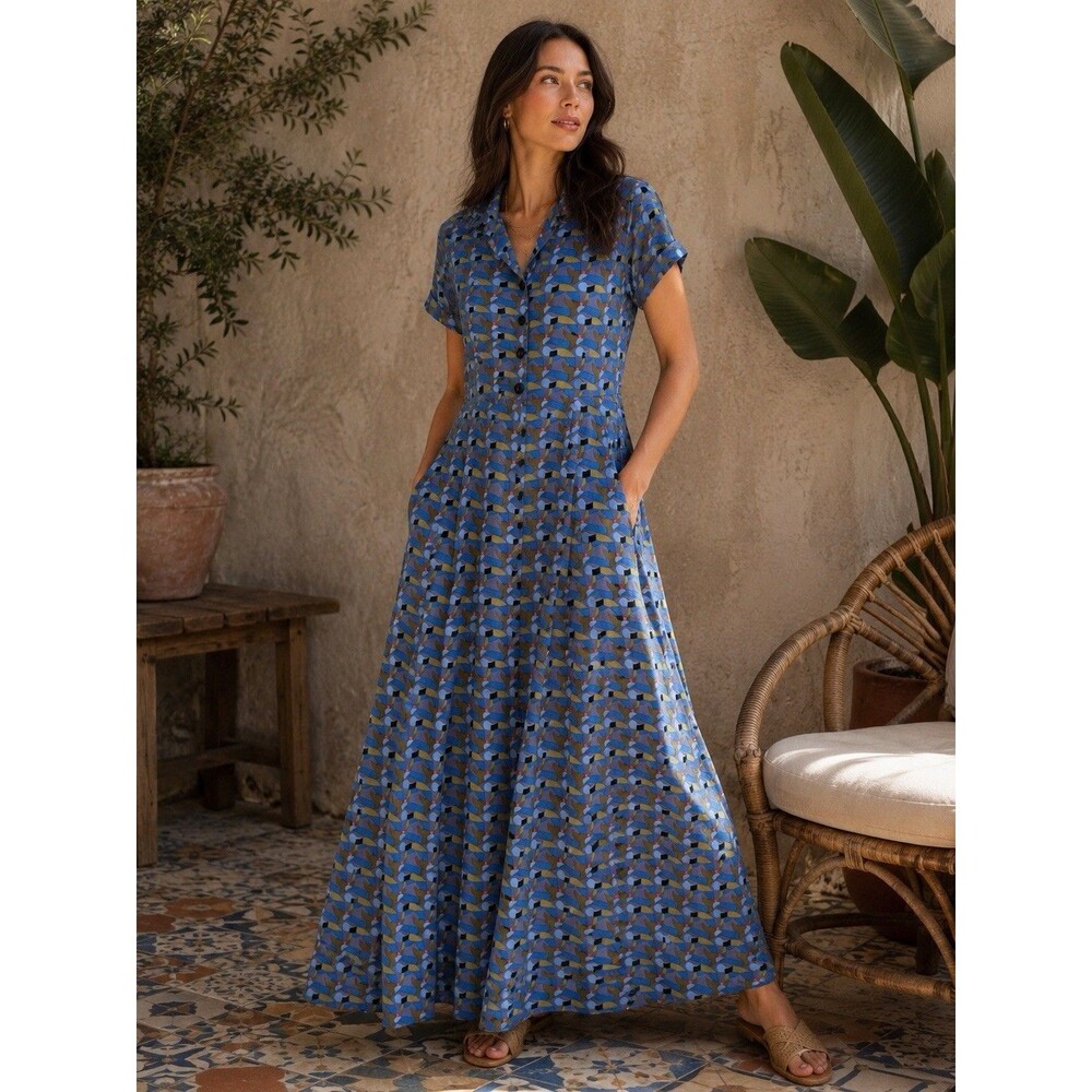 Vintage FLAX Jeanne Engelhart Rayon Geometric Maxi Dress Pockets Button S